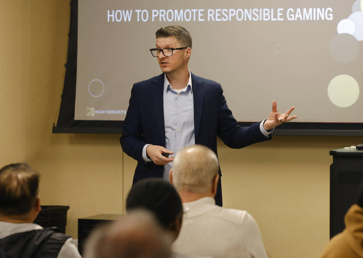 Garrett Farnes, director of responsible gaming at MGM Resorts, speaks during a responsible gami ...