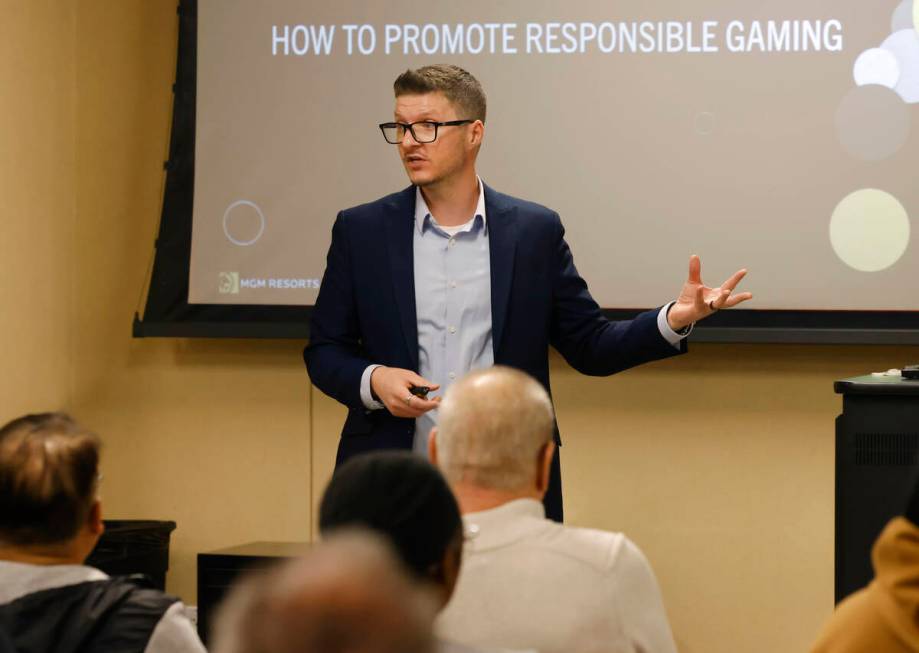 Garrett Farnes, director of responsible gaming at MGM Resorts, speaks during a responsible gami ...