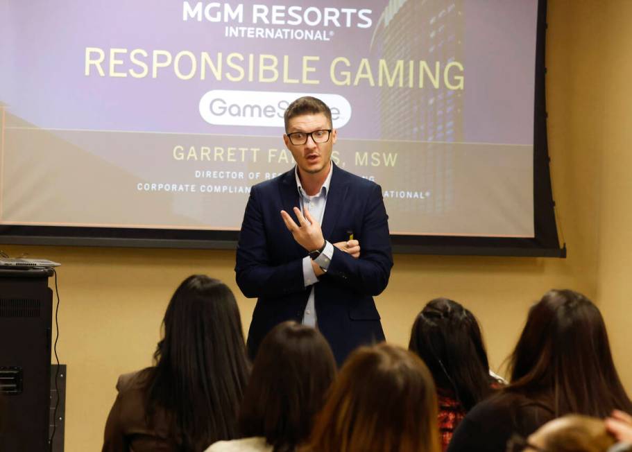 Garrett Farnes, director of responsible gaming at MGM Resorts, speaks during a responsible gami ...