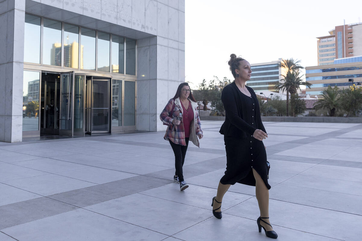 Kirstin “Blaise” Lobato, right, walks out of the Lloyd George U.S. Courthouse, Tu ...