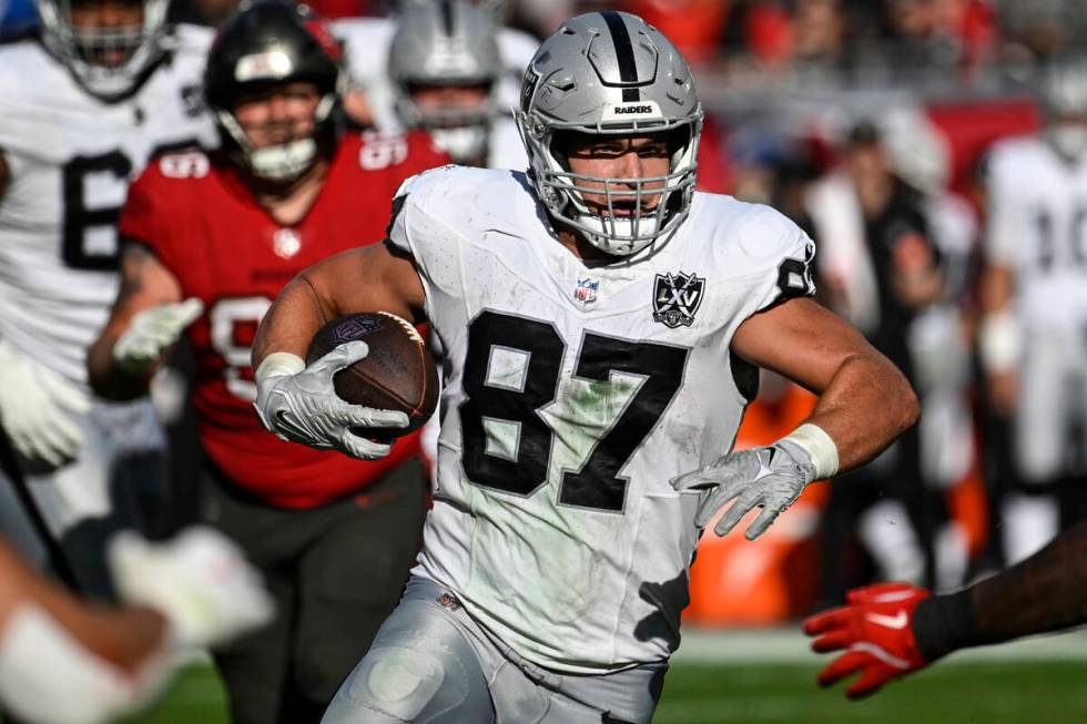 Las Vegas Raiders tight end Michael Mayer (87) runs against the Tampa Bay Buccaneers during the ...