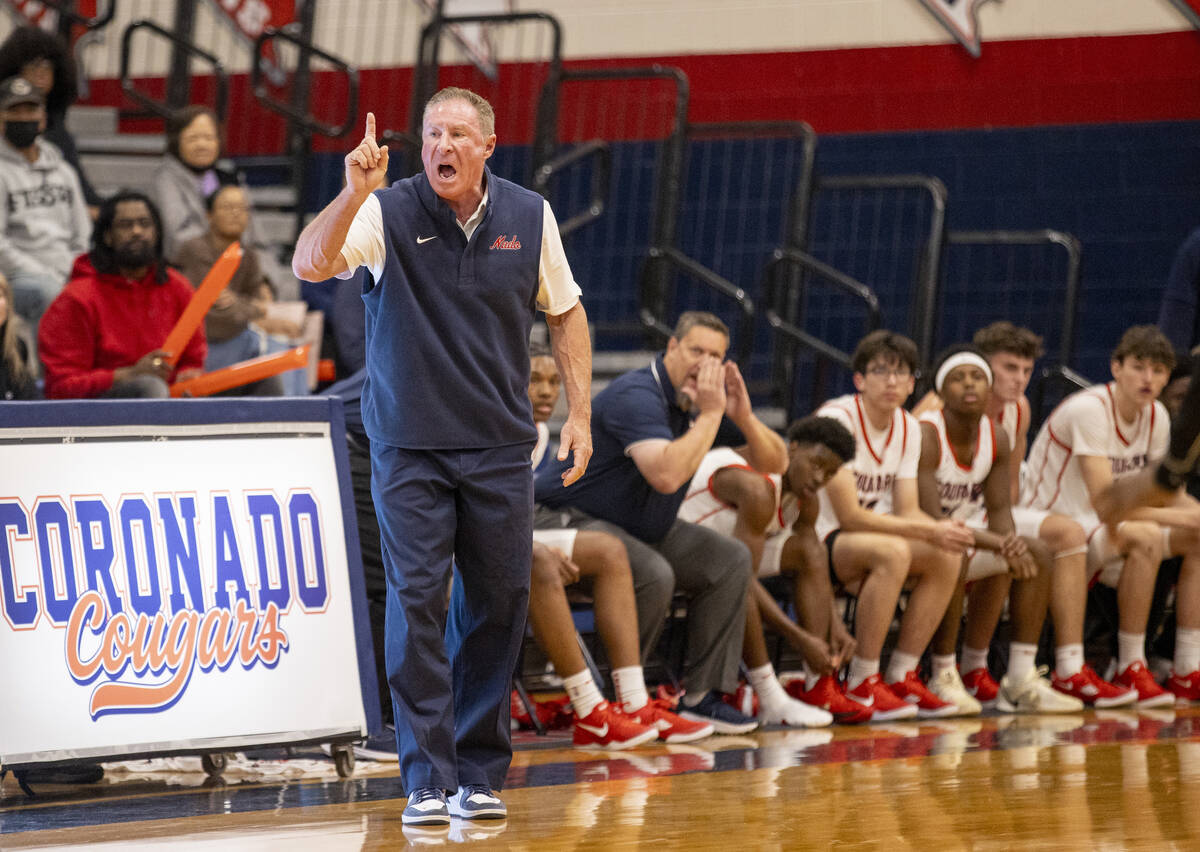 Coronado Head Coach Jeff Kaufman yells during the high school basketball game against Las Vegas ...