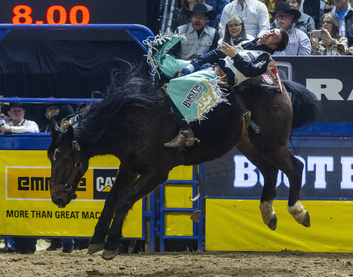 Bareback Riding contestant Bradlee Miller rides Frontier Rodeo Coffee Full Baggage during Natio ...