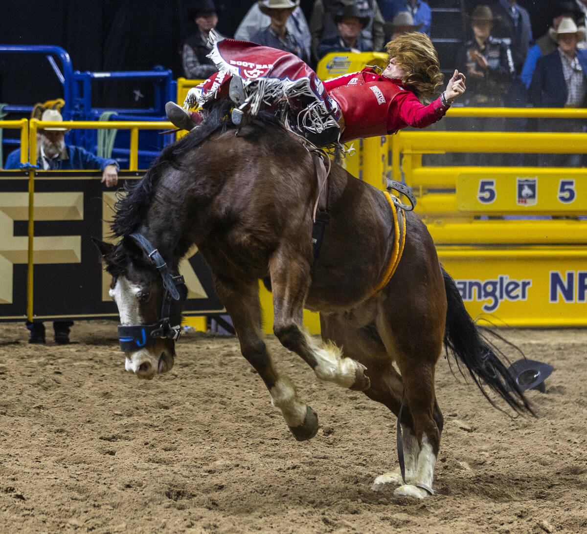 Bareback Riding contestant Rocker Steiner rides All Pink during National Finals Rodeo Day 7 at ...