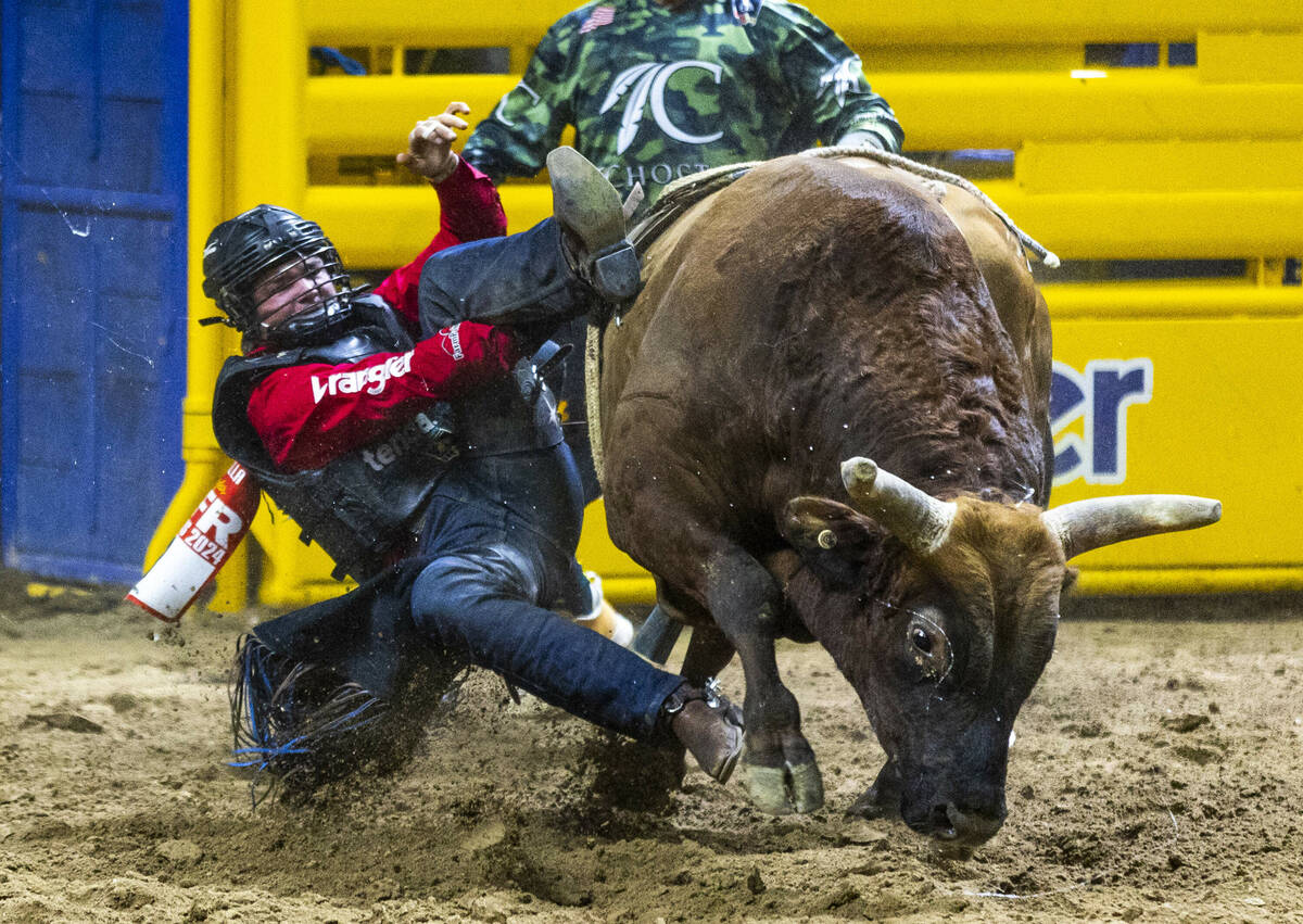 Bull Riding contestant Wacey Schalla gets his boot hung up over his cinched hand while riding D ...