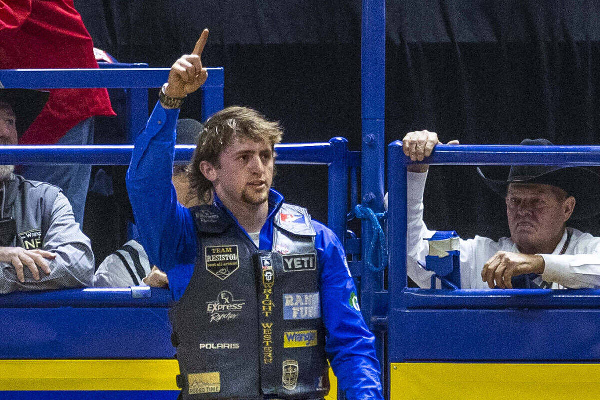 Saddle Bronc Riding contestant Statler Wright celebrates after riding Jessica Rabbit to a winni ...