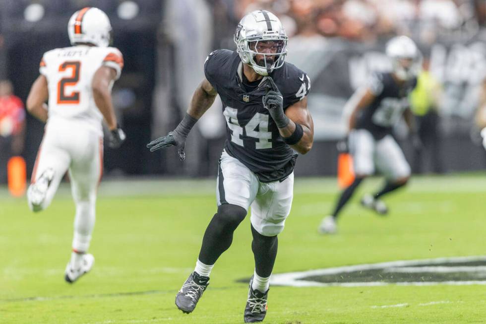 Raiders defensive end K'Lavon Chaisson (44) runs on the field to defend during the first half o ...