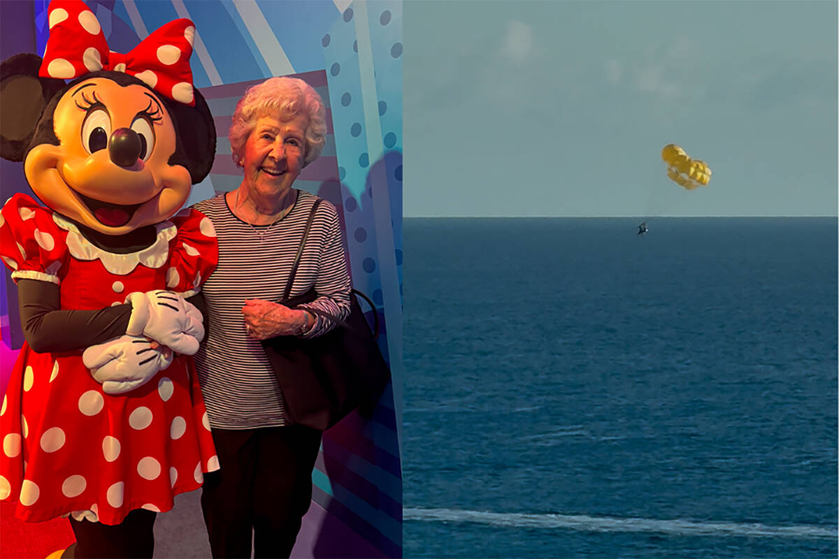 Grandma Lois hangs out with Minnie Mouse on our Disney Cruise while other family members parasa ...