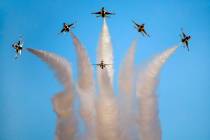 FILE - All six U.S. Air Force Thunderbirds break away from formation in various directions duri ...