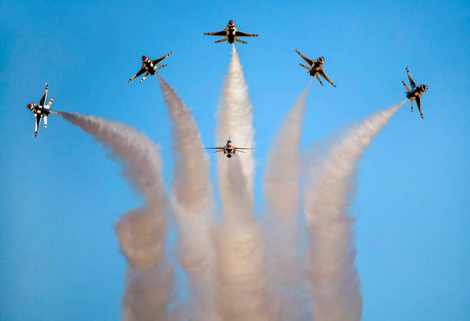 FILE - All six U.S. Air Force Thunderbirds break away from formation in various directions duri ...