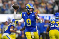 Los Angeles Rams quarterback Matthew Stafford throws a pass against the Buffalo Bills during th ...