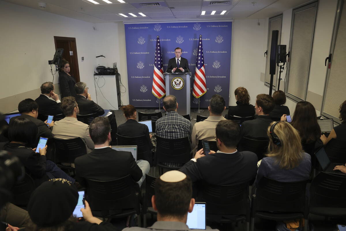 U.S National Security Advisor, Jake Sullivan, speaks during a news conference in Tel Aviv, Isra ...