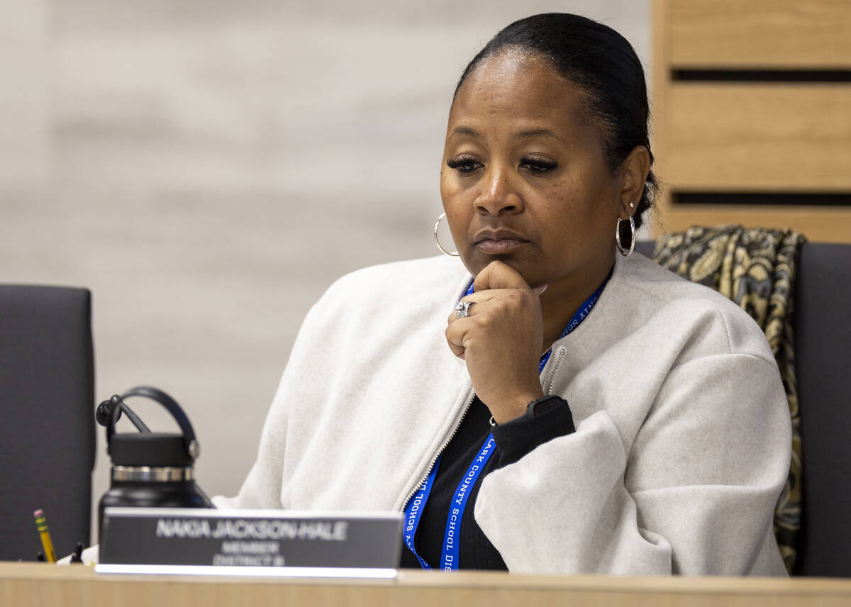 Trustee Nakia Jackson-Hale listens during a Clark County School Board meeting, Thursday, Dec. 1 ...