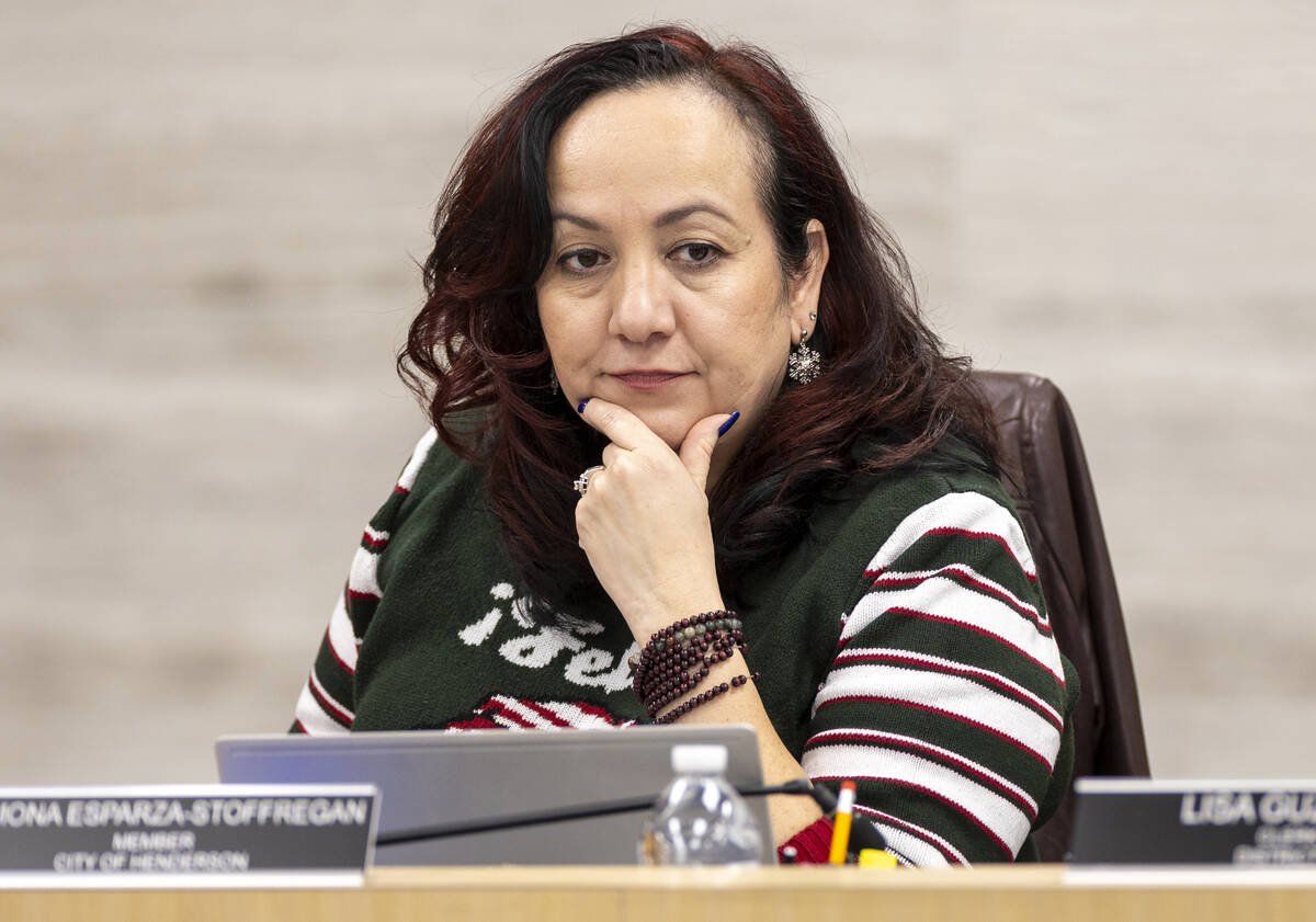 Trustee Ramona Esparza-Stoffregan listens during a Clark County School Board meeting, Thursday, ...