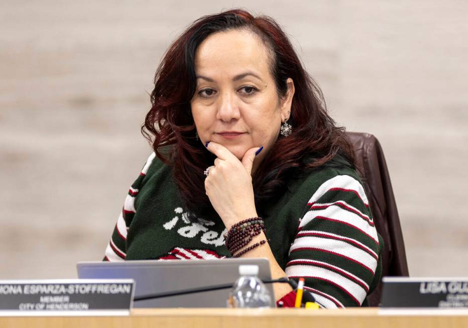 Trustee Ramona Esparza-Stoffregan listens during a Clark County School Board meeting, Thursday, ...