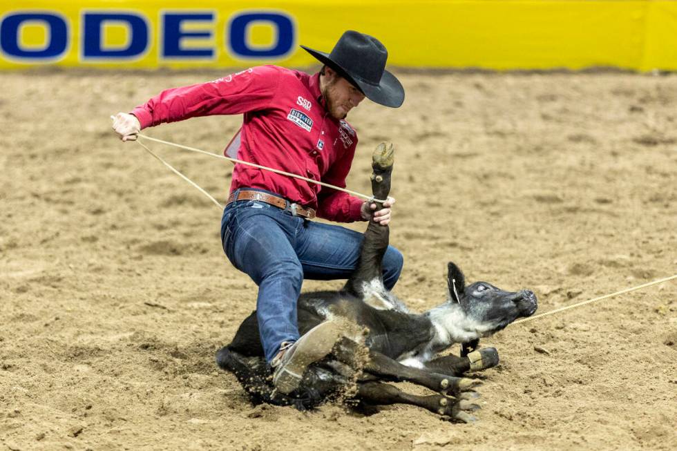 Joel Harris begins to tie a calf in the tie-down roping event during day nine of the National F ...