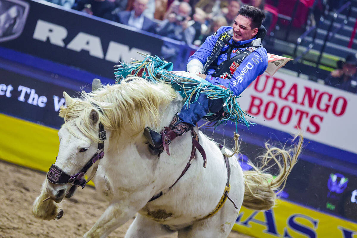 Bareback rider Jess Pope completes his last ride during the final night of National Finals Rode ...