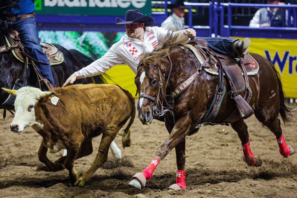 Steer wrestler Stetson Jorgensen leaps off of his horse to tackle the steer during the final ni ...