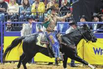 Bareback rider Dean Thompson rides out for a victory lap during the final night of National Fin ...