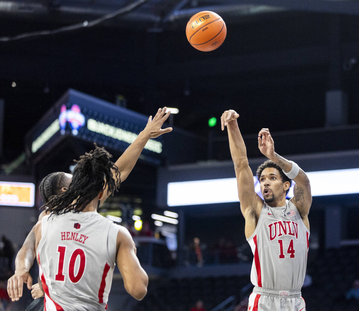 UNLV guard Jailen Bedford (14) attempts a shot during the Jack Jones Classic college basketball ...