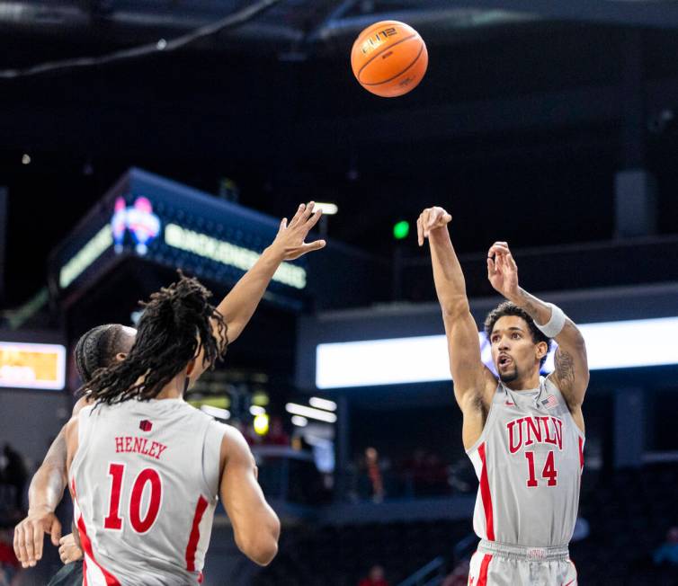 UNLV guard Jailen Bedford (14) attempts a shot during the Jack Jones Classic college basketball ...