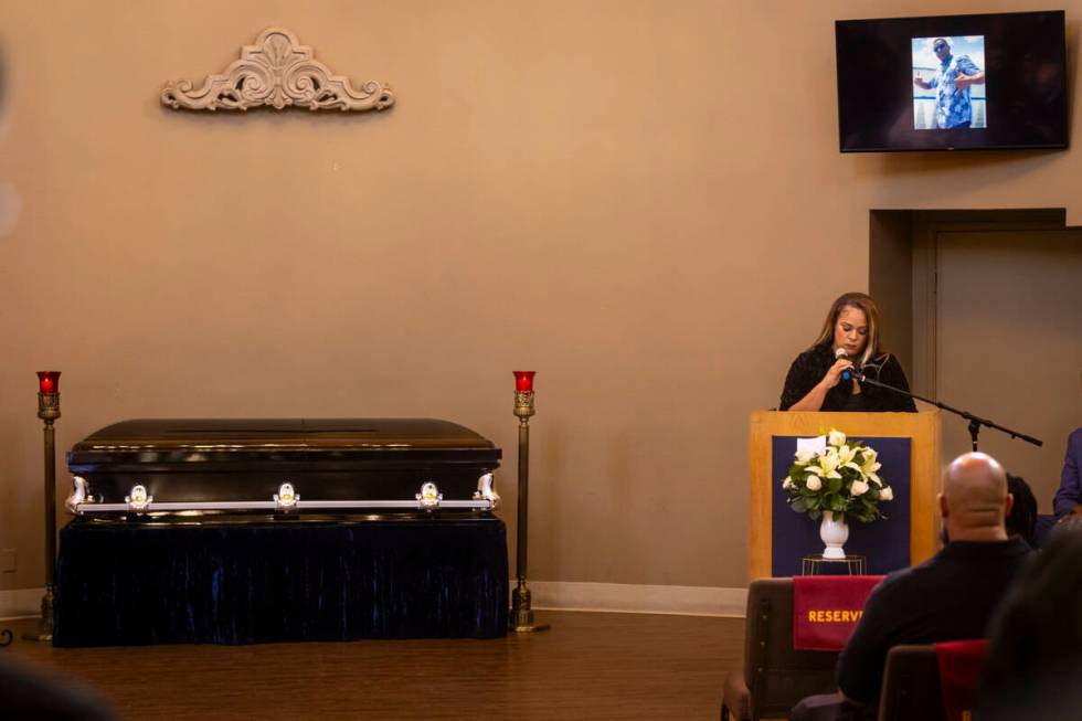 Rachael Gore talks about her late partner Brandon Durham during the funeral service at Davis Fu ...