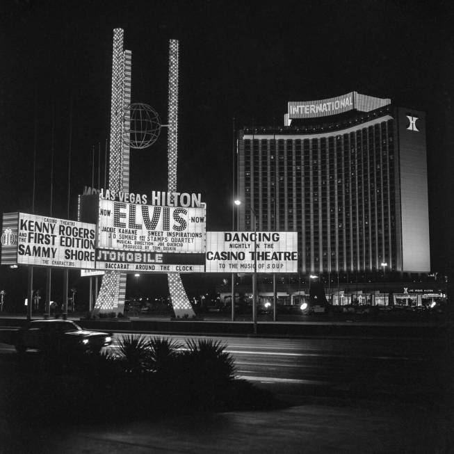 The Las Vegas Hilton (formerly the International Hotel) marquee with Elvis Presley as headliner ...