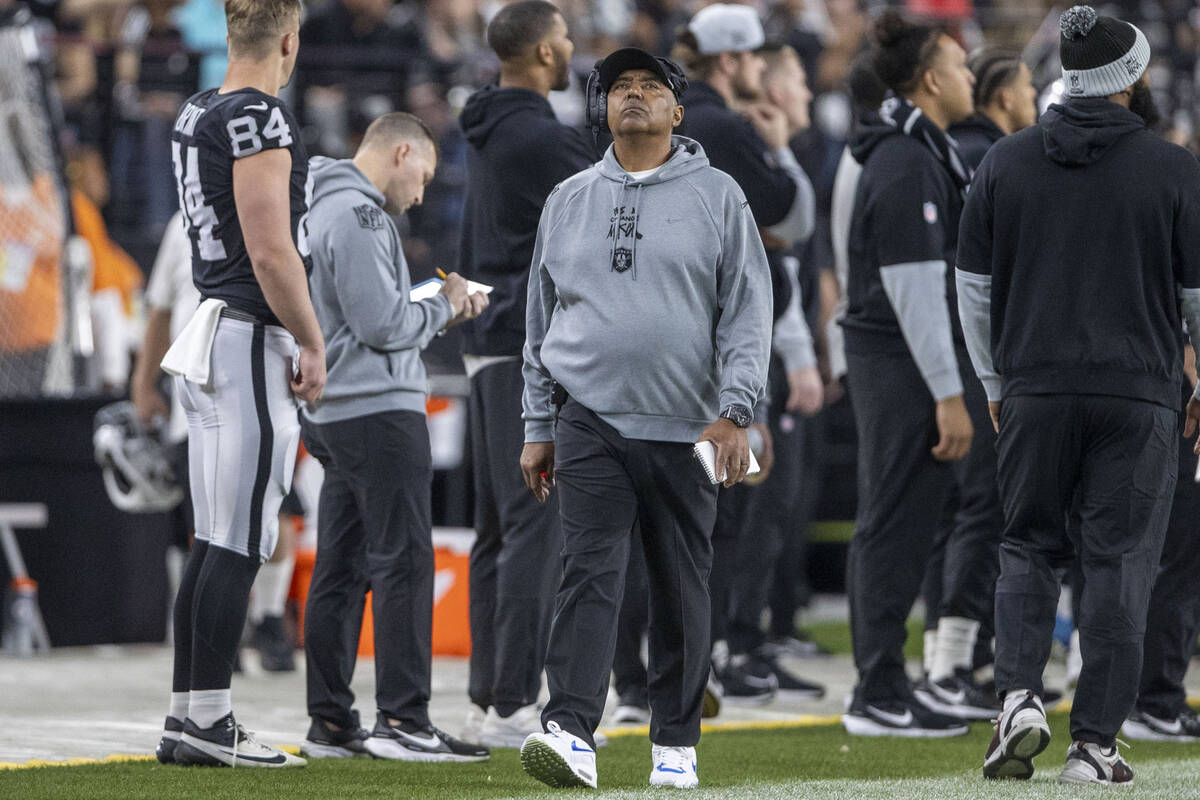 Raiders assistant head coach Marvin Lewis reacts after the Atlanta Falcons score a touchdown du ...