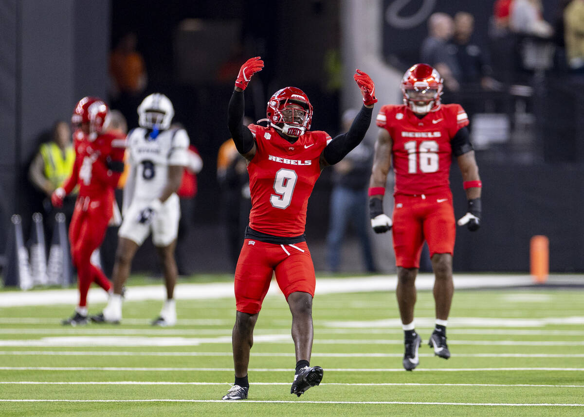 UNLV defensive back Jett Elad (9) celebrates a play during the NCAA college football game again ...