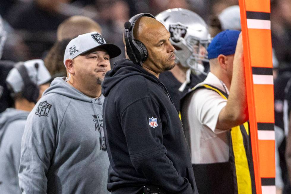 Raiders head coach Antonio Pierce reacts to a play against the Atlanta Falcons during the first ...