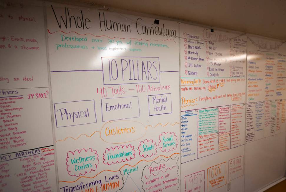 A whiteboard with student goals is seen at the Inspiring Children Foundation, which assists you ...