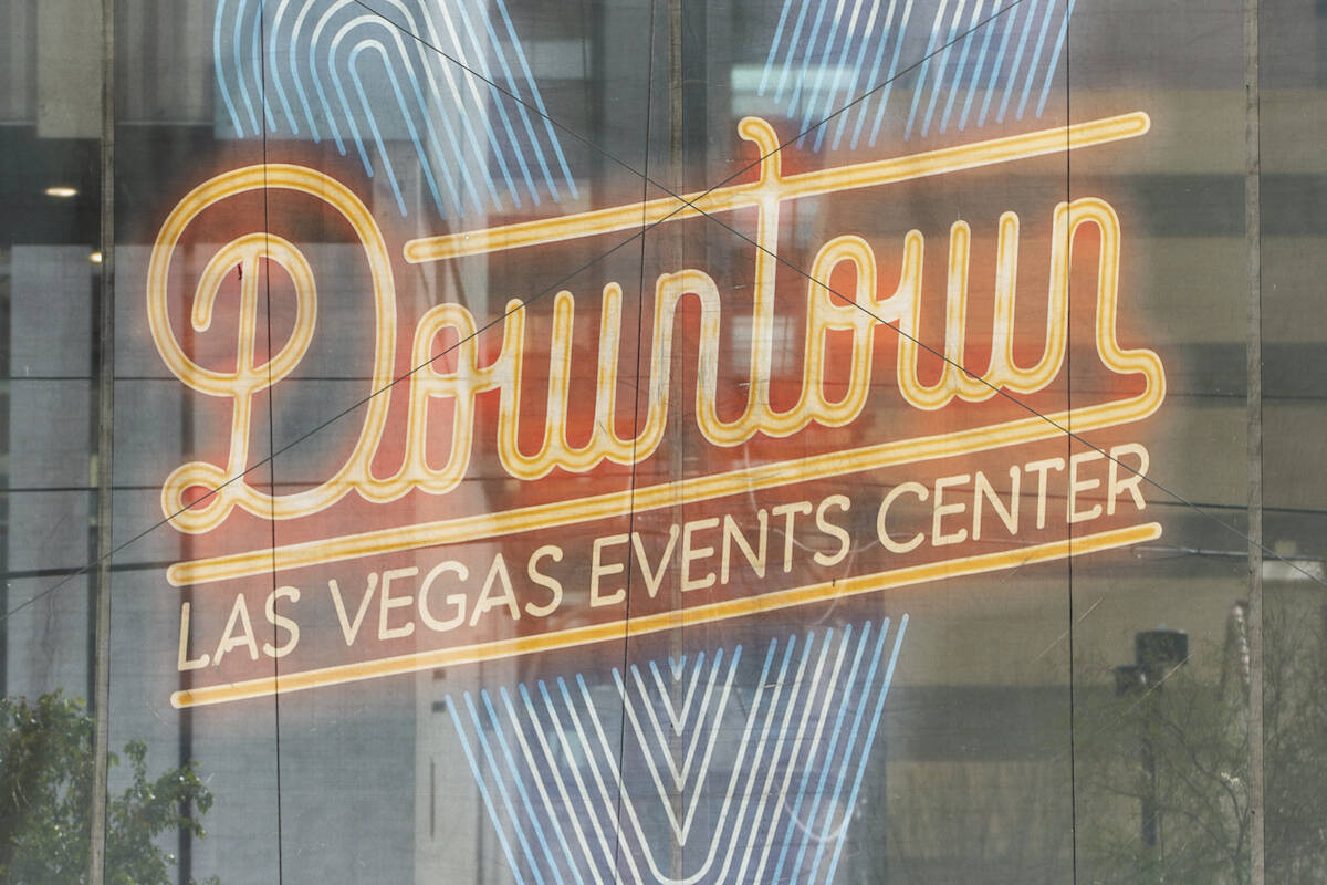 A sign for the Downtown Las Vegas Events Center is seen on Saturday, Feb. 29, 2020. (L.E. Basko ...