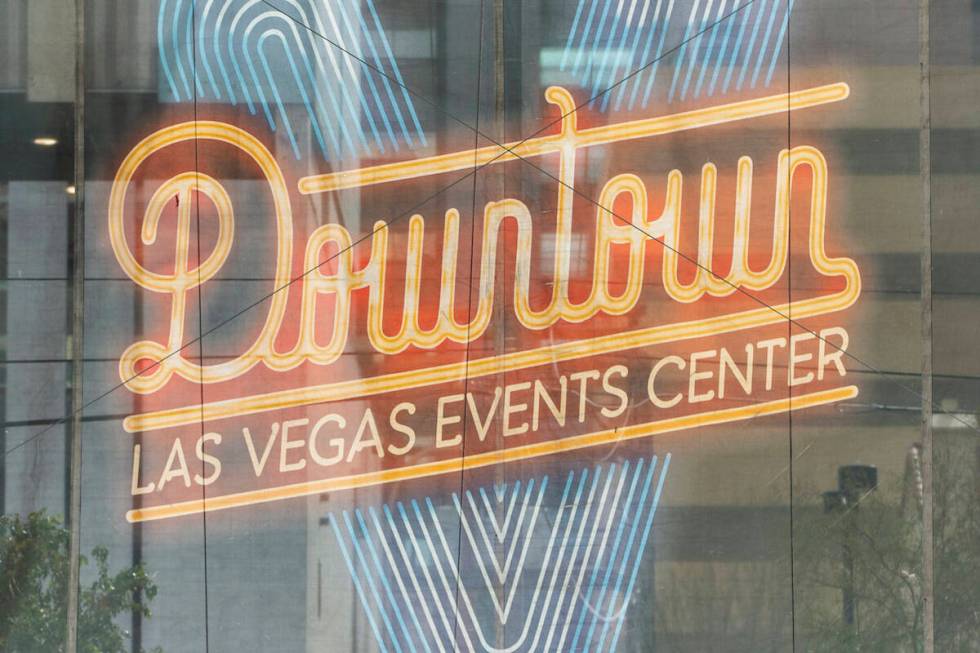 A sign for the Downtown Las Vegas Events Center is seen on Saturday, Feb. 29, 2020. (L.E. Basko ...