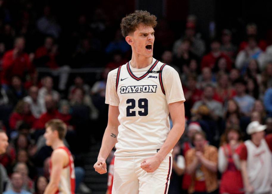 Dayton's Amael L'Etang (29) reacts during the first half of an NCAA college basketball game aga ...