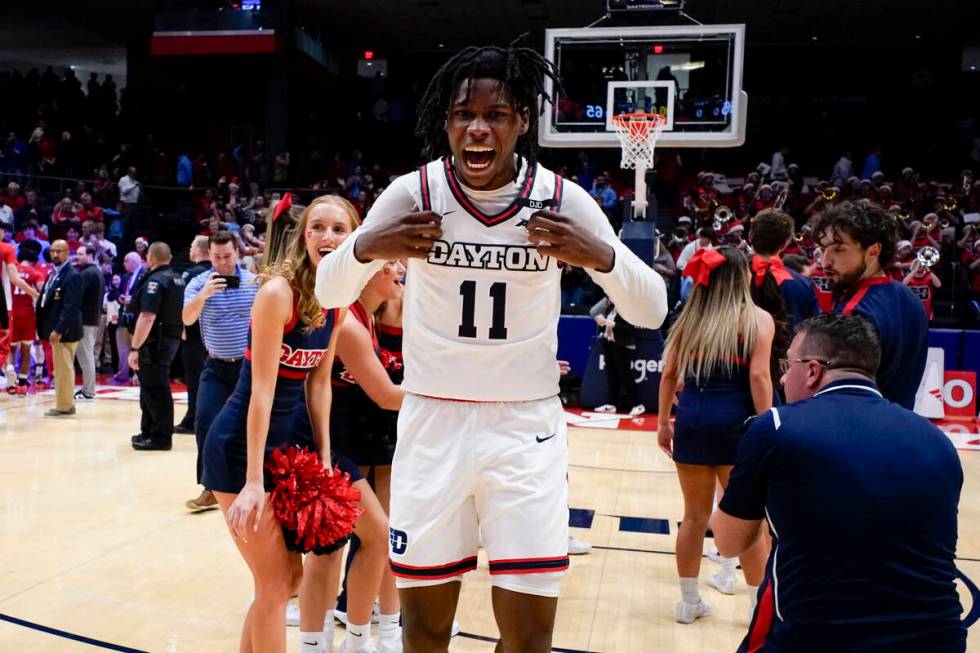 Dayton's Malachi Smith (11) reacts after the team's 66-65 victory over UNLV in an NCAA college ...