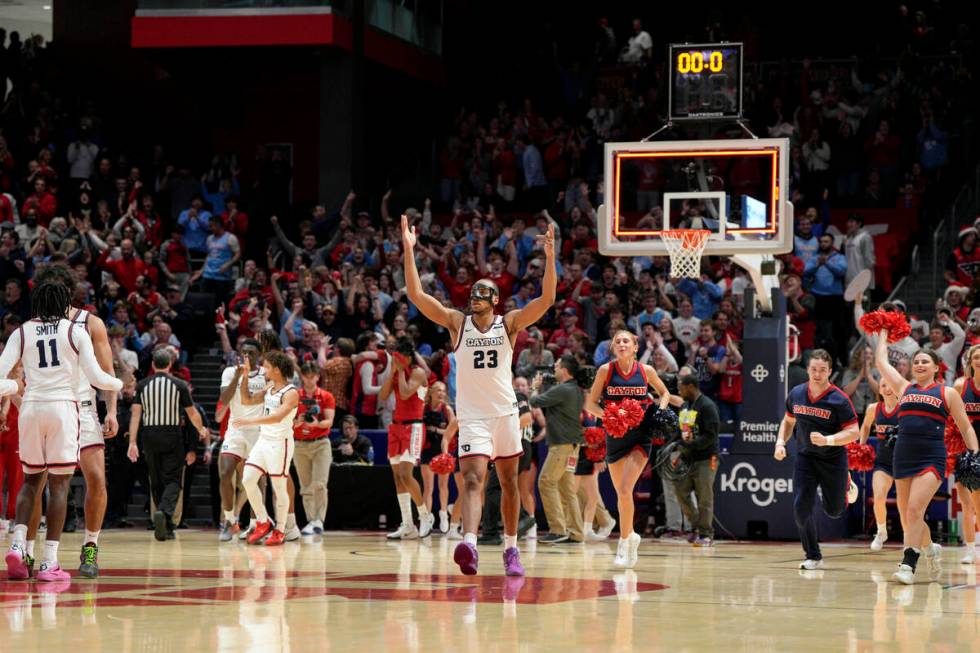 Dayton's Zed Key (23) reacts after the team's 66-65 victory over UNLV in an NCAA college basket ...