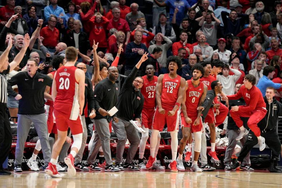 UNLV's Julian Rishwain (20) celebrates with teammates after scoring during the second half of a ...