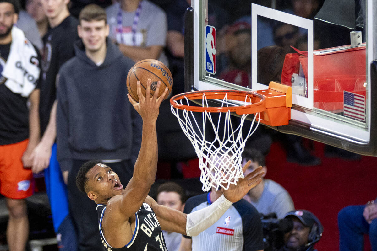 Milwaukee Bucks forward Giannis Antetokounmpo attempts a layup during the second half of the NB ...