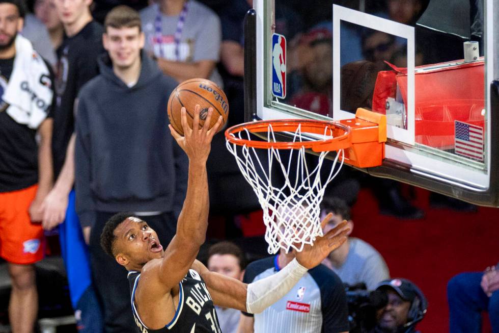 Milwaukee Bucks forward Giannis Antetokounmpo attempts a layup during the second half of the NB ...