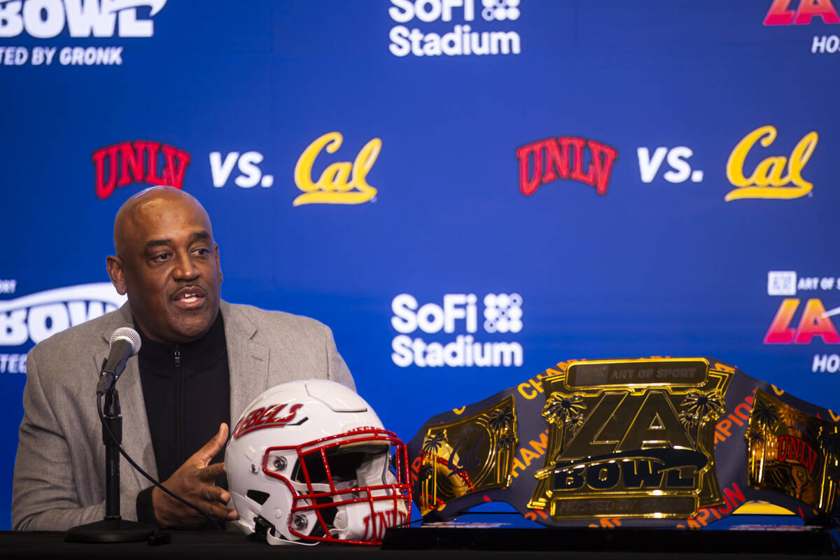 UNLV interim football coach Del Alexander speaks during a press conference ahead of the LA Bowl ...