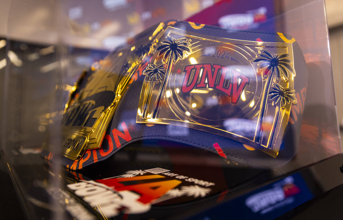 The LA Bowl trophy, styled as a championship belt, is seen before a press conference at SoFi St ...