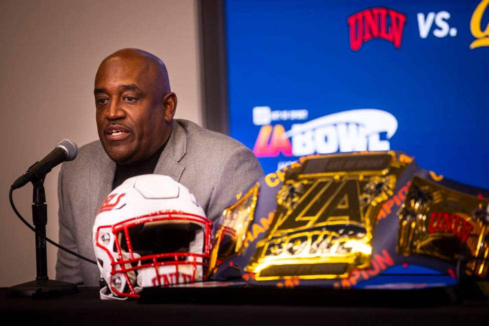 UNLV interim football coach Del Alexander speaks during a press conference ahead of the LA Bowl ...