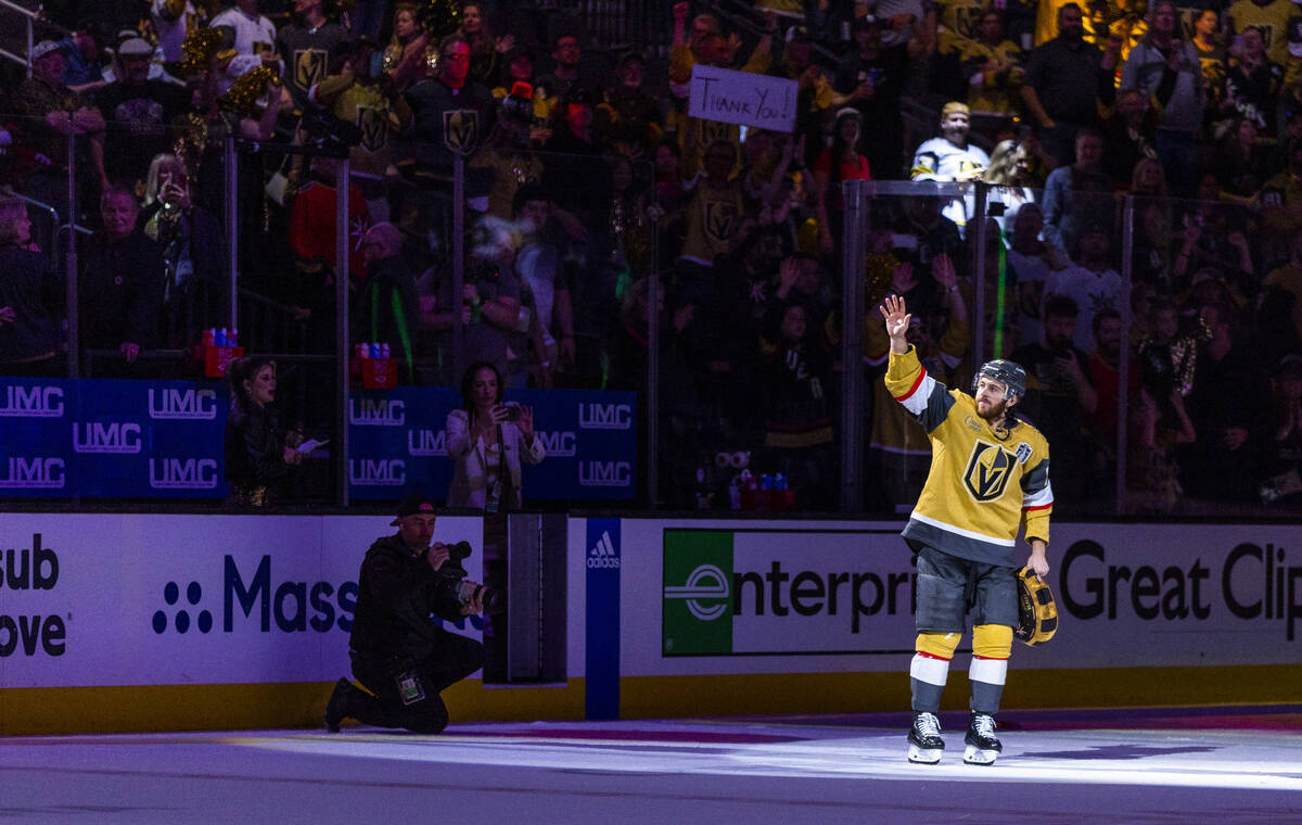 Golden Knights right wing Jonathan Marchessault (81) is celebrated as a player of the game agai ...