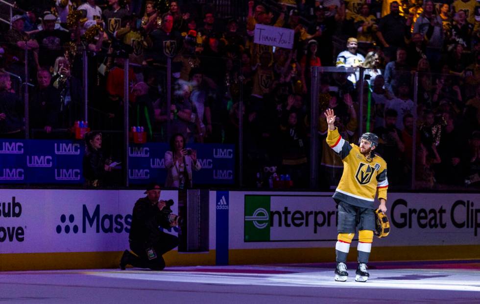 Golden Knights right wing Jonathan Marchessault (81) is celebrated as a player of the game agai ...