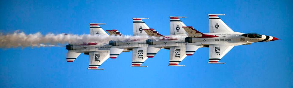 The U.S. Air Force Thunderbirds during their performance during the Aviation Nation at Nellis A ...