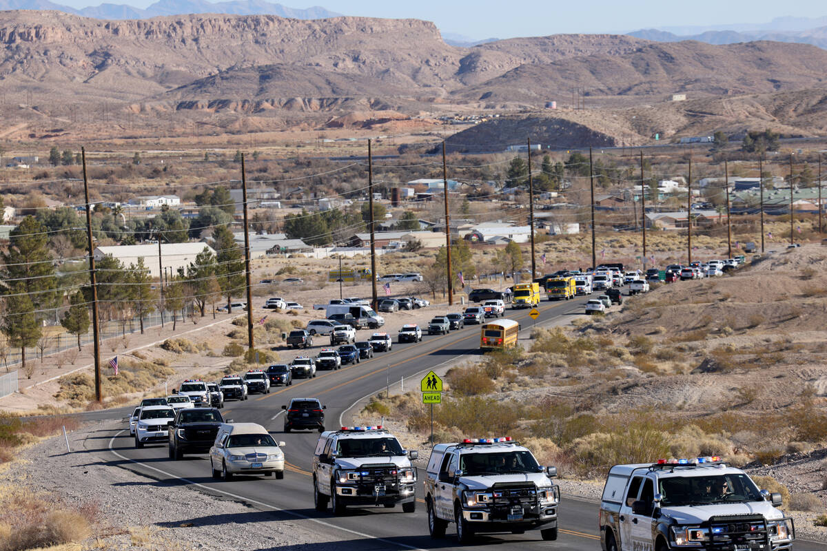 The procession for Las Vegas police officer Colton Pulsipher leaves The Church of Jesus Christ ...