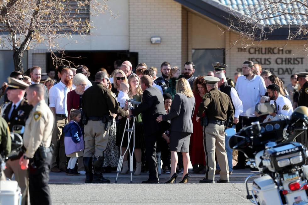 Clark County Sheriff Kevin McMahill greets Ashlee Pulsipher, widow of Las Vegas police officer ...