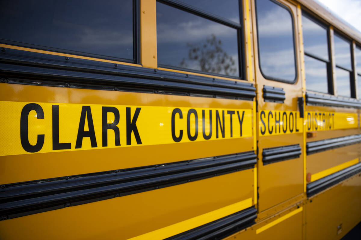 A Clark County School District bus is seen on Wednesday, Oct. 6, 2021. (Erik Verduzco / Las Veg ...