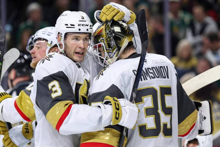 Vegas Golden Knights defenseman Brayden McNabb (3) and goaltender Ilya Samsonov (35) celebrate ...