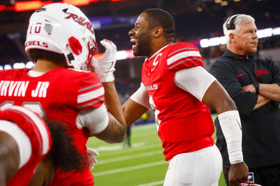 UNLV quarterback Hajj-Malik Williams (6) celebrates in the final minute of the team’s wi ...